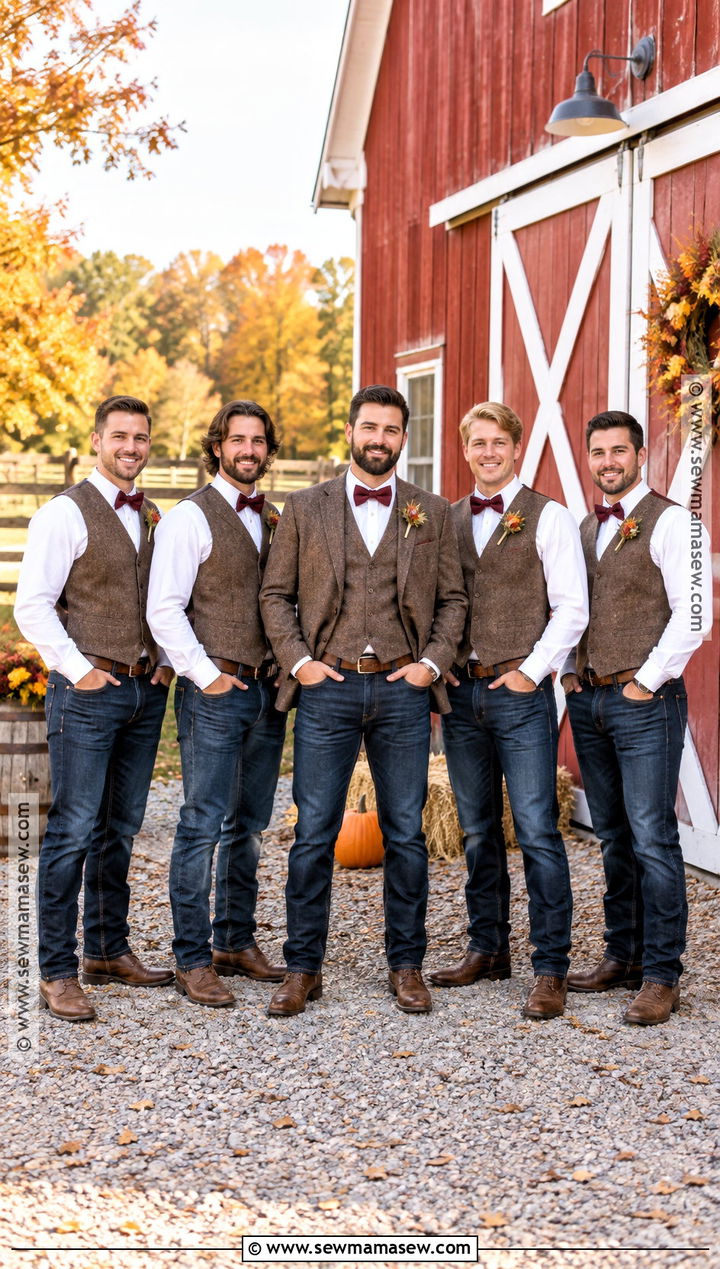Dark Jeans With Tweed Vest And Boots - 20 fall groomsmen attire rustic ideas