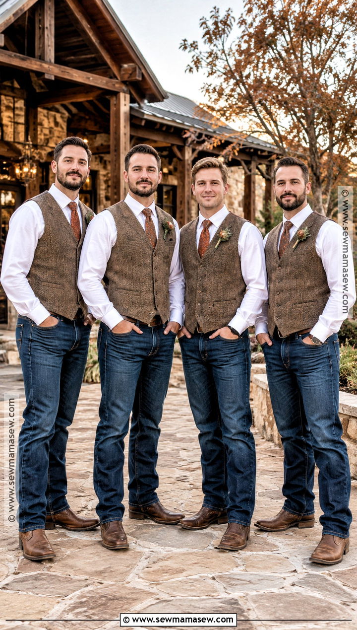 Dark Jeans and Herringbone Vest Groomsmen Attire - 15 groomsmen attire casual fall ideas