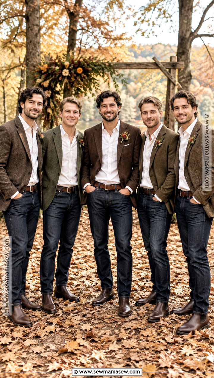 Dark Jeans and Tweed Blazer Groomsmen Attire - 15 casual fall groomsmen attire ideas