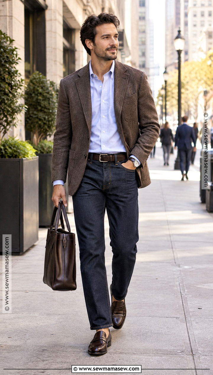 Dark Jeans and Unstructured Blazer Fall Work Outfit - 15 fall work outfits for men