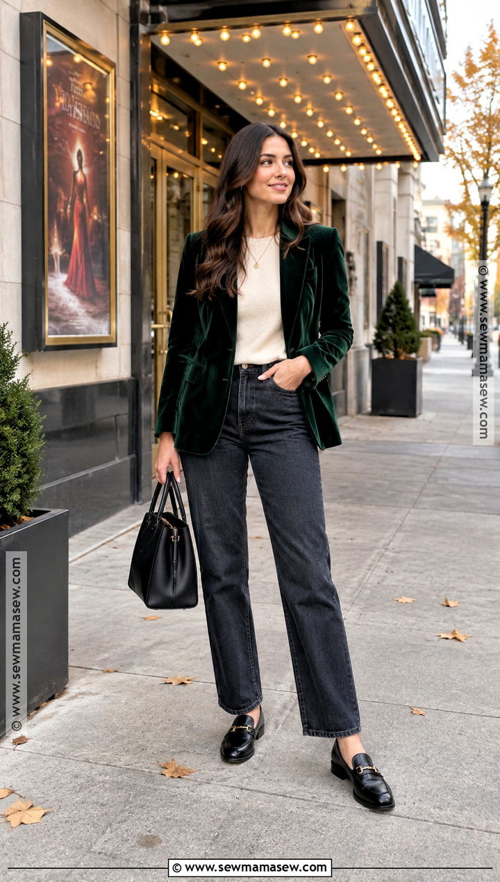 Dark Jeans and Velvet Blazer Theater Outfit - 15 play outfit theater fall ideas