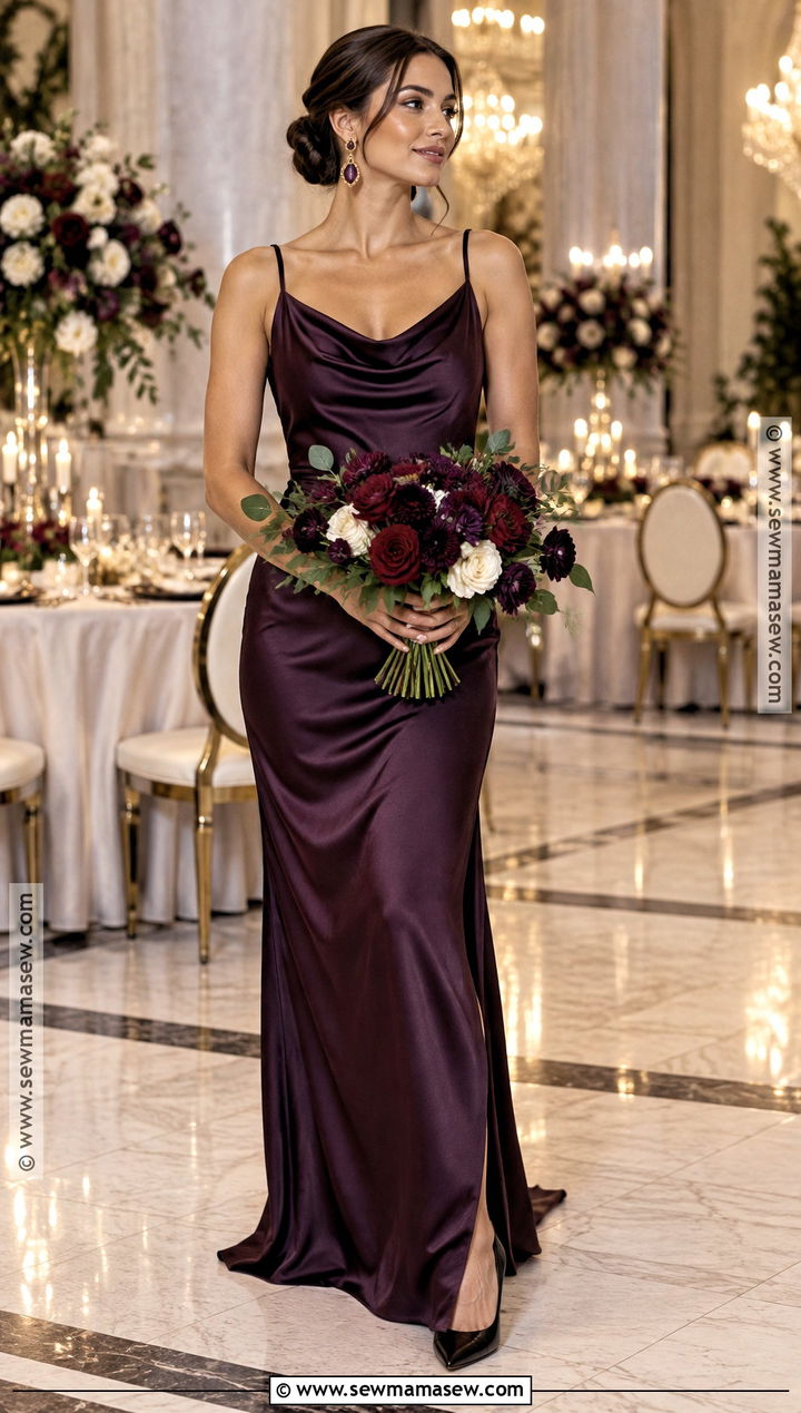 Dark Plum Satin Bridesmaid Dress With Jewel Tone Bouquet - 15 plum bridesmaid dresses fall deep purple wedding bouquets