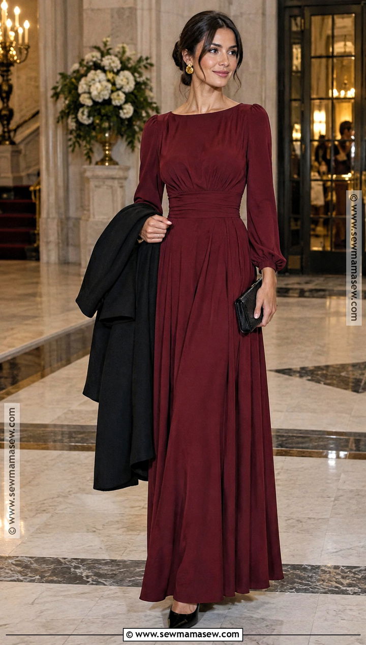 Dark Red Long Sleeve Maxi Wedding Guest Outfit - 25 wedding guest looks fall