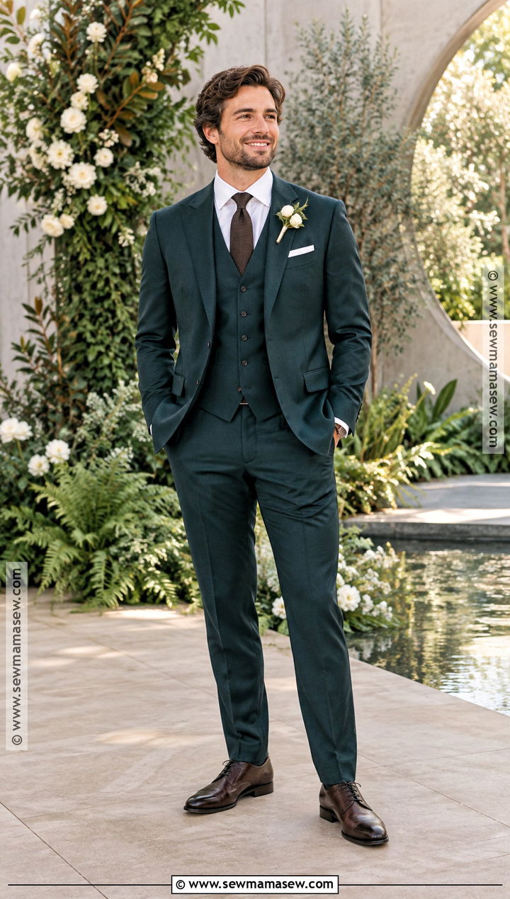 Dark Teal Groom Suit With Brown Accessories - 20 fall groom attire ideas