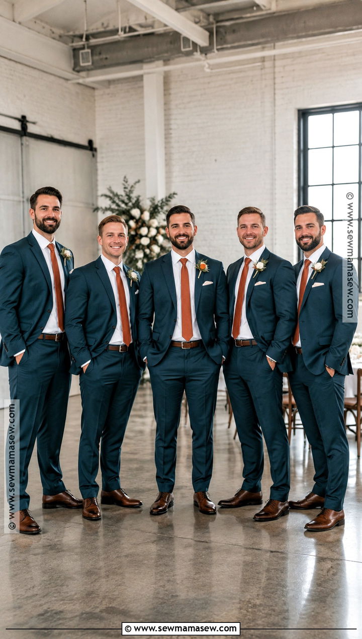 Dark Teal Groomsmen Suit With Rust Tie - 15 groomsmen attire fall wedding color combos