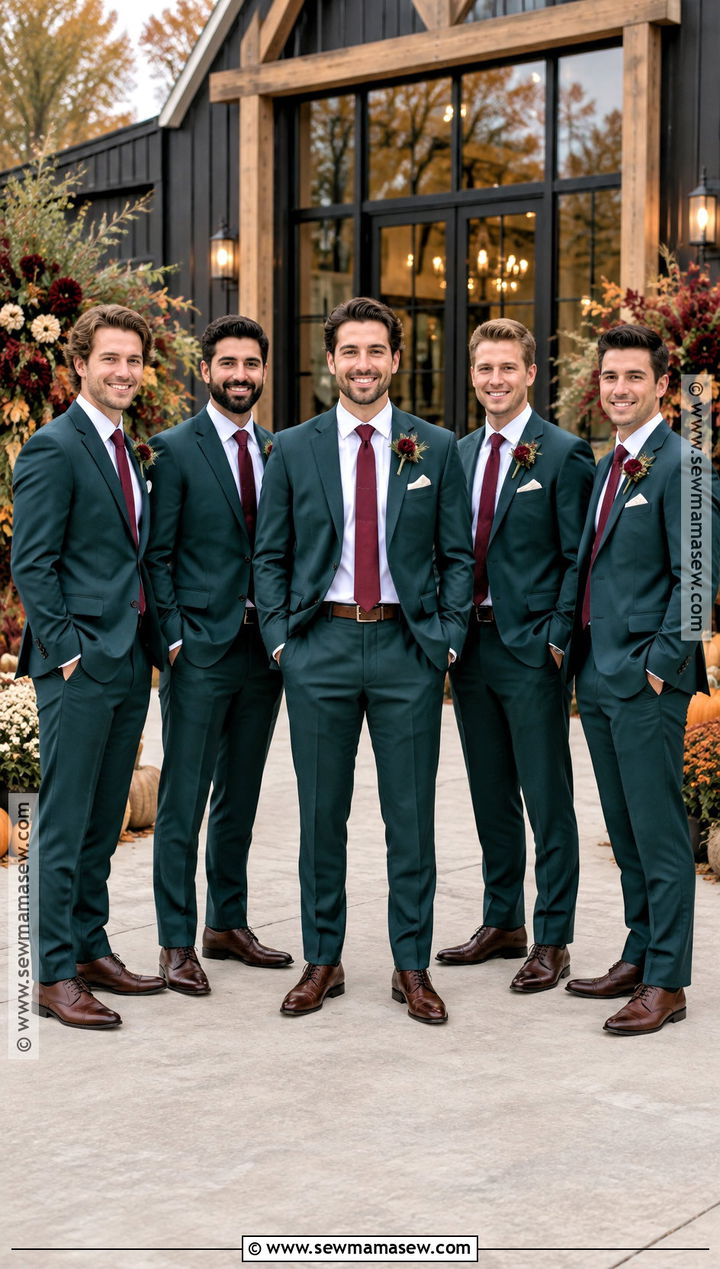 Dark Teal Groomsmen Suits With Burgundy Ties - 15 groomsmen attire autumn wedding ideas
