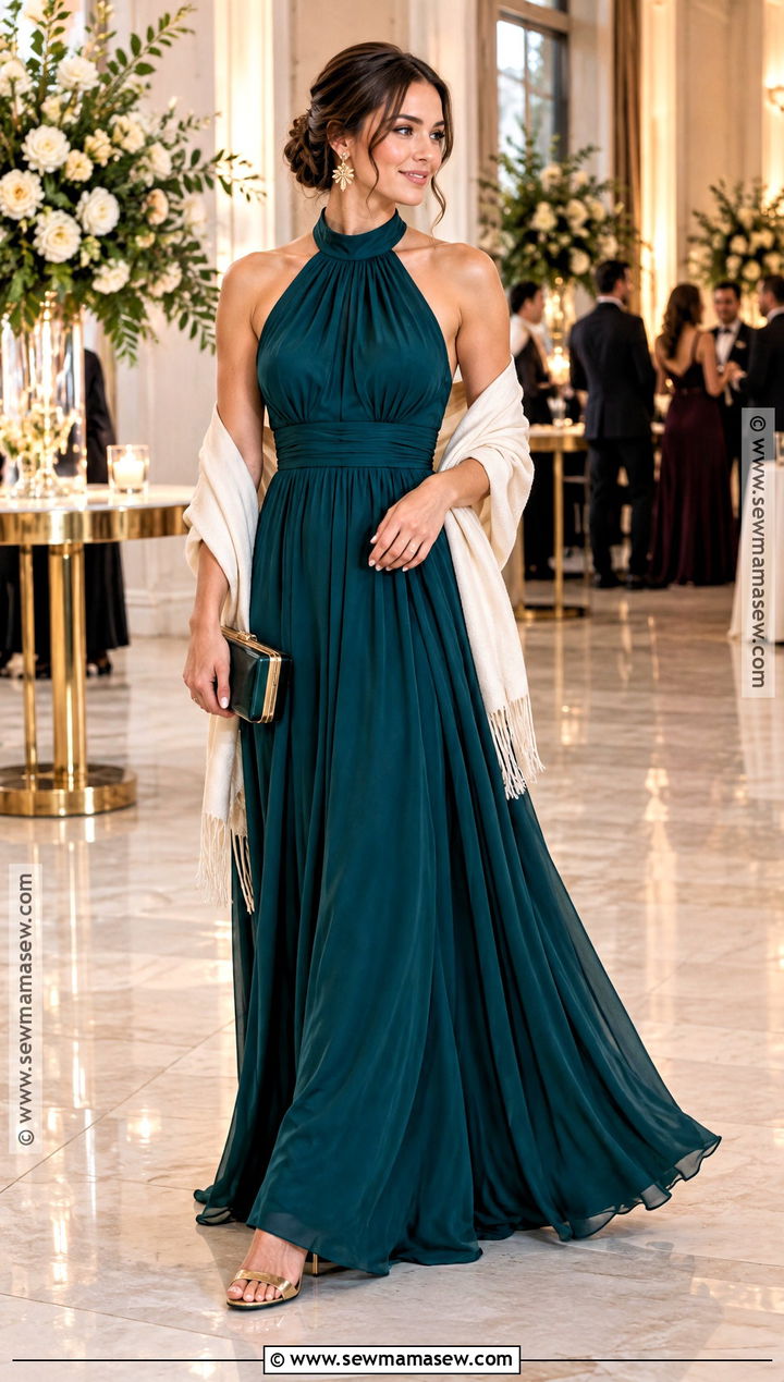 Dark Teal Halter Maxi Dress - 20 fall party dress ideas