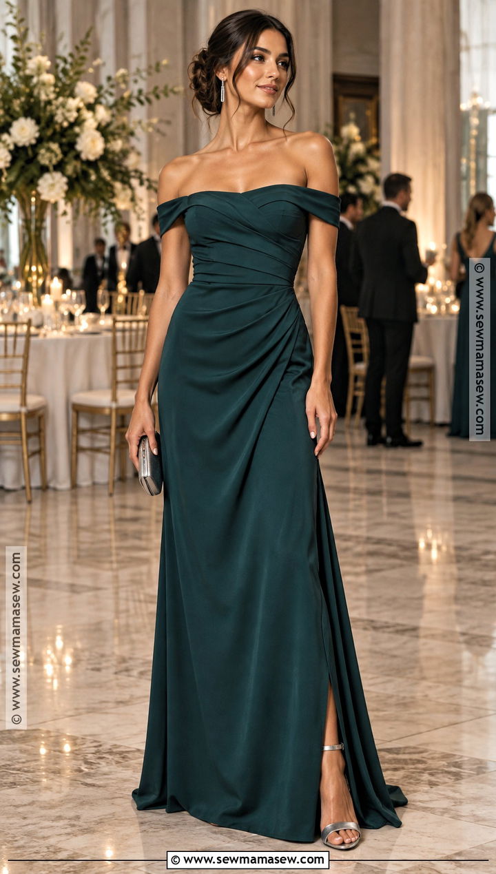 Dark Teal Off Shoulder Maxi Fall Wedding Guest Dress - 15 wedding reception dress for guest fall ideas
