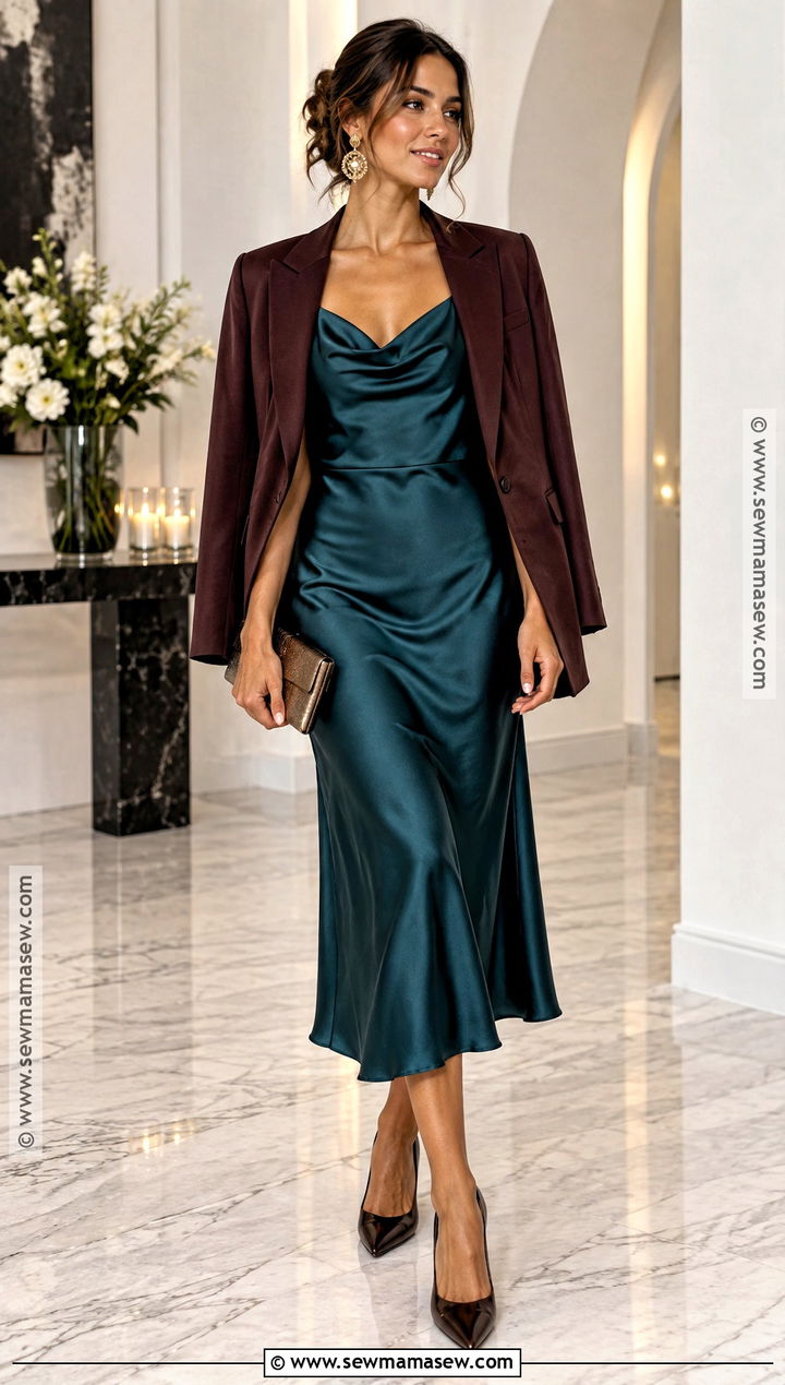 Dark Teal Satin Midi Dress Outfit - 20 dark autumn dress ideas