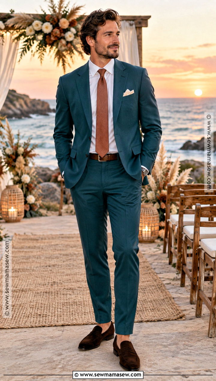 Dark Teal Suit For A Fall Beach Wedding - 15 Fall Beach Wedding Mens Attire Ideas