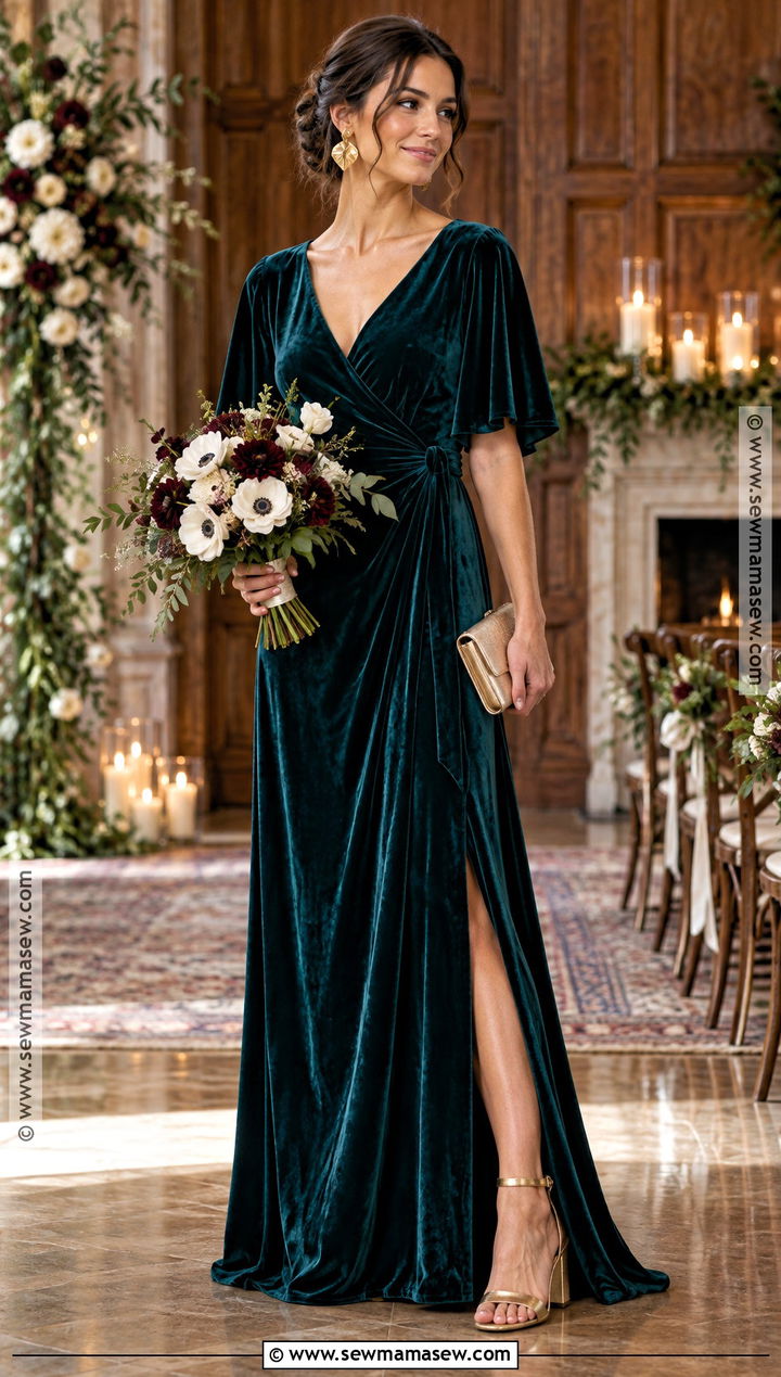 Dark Teal Velvet Bridesmaid Dress With Gold Jewelry - 15 Moody Fall Bridesmaid Dresses