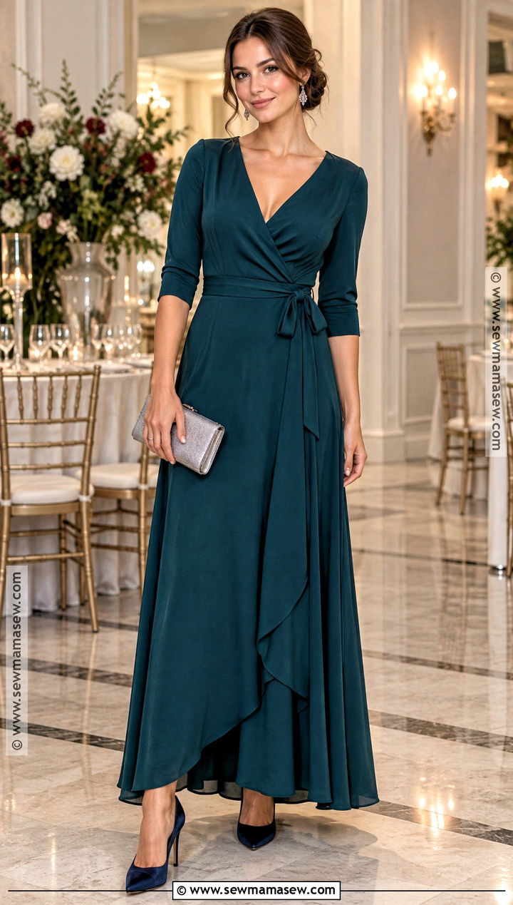 Dark Teal Wrap Maxi Dress - 15 Wedding Guest Maxi Dress Fall Ideas