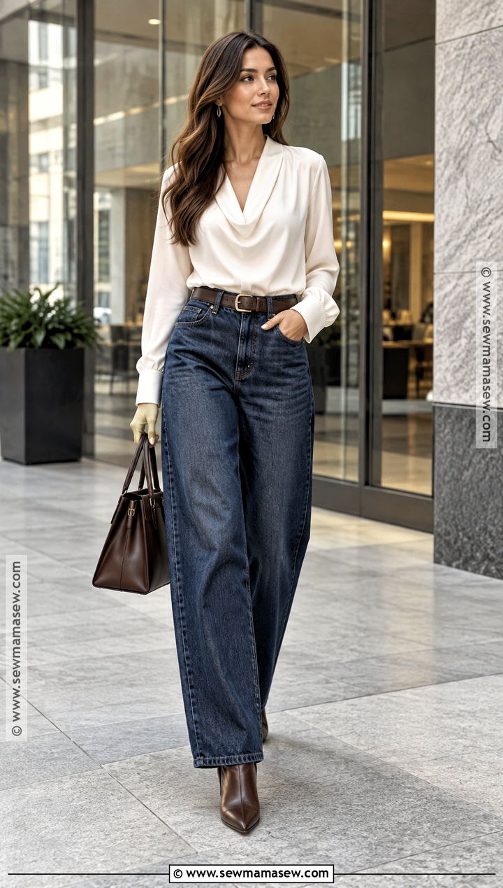 Dark Wash Baggy Jeans With A Blouse And Heeled Boots - 25 fall outfits baggy jeans