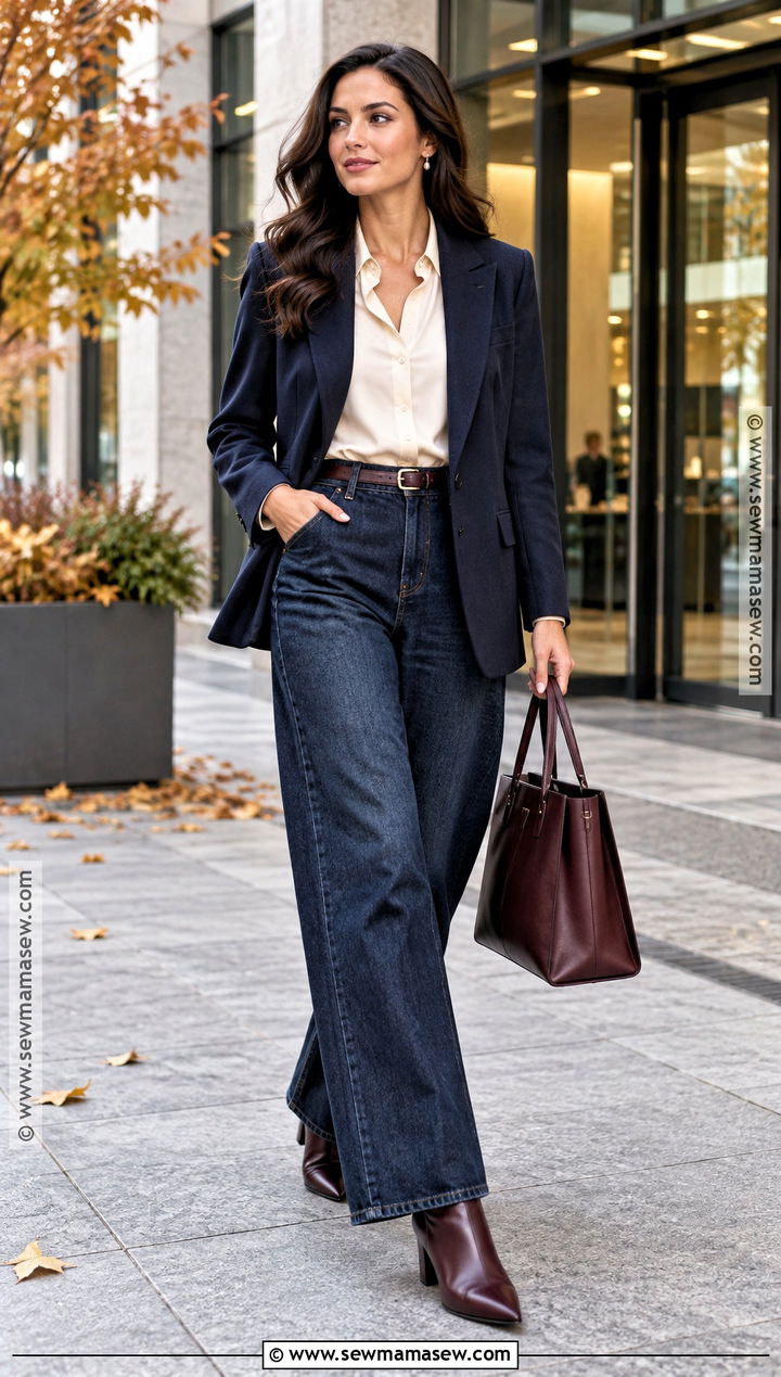 Dark Wash Baggy Jeans With Blouse And Heeled Boots - 20 Baggy Jeans Autumn Outfit