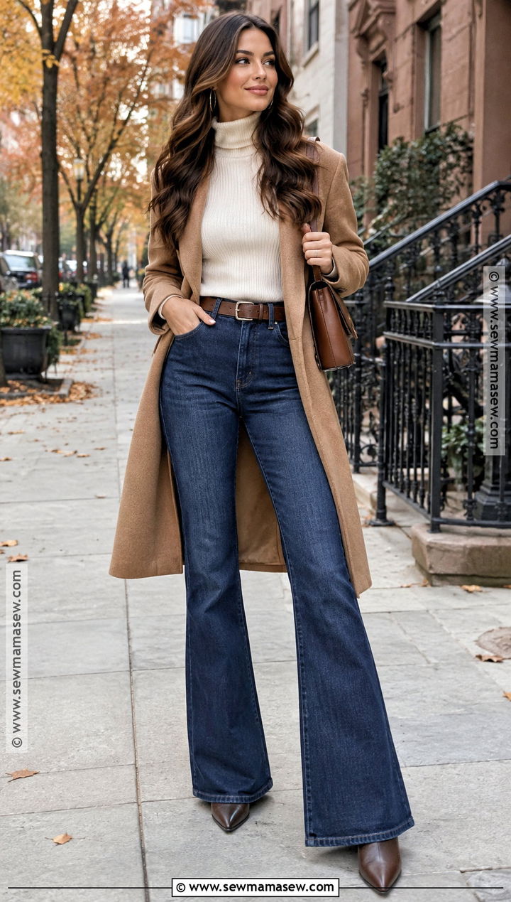 Dark Wash Flare Jeans With Turtleneck And Ankle Boots - 25 flare jeans outfit fall