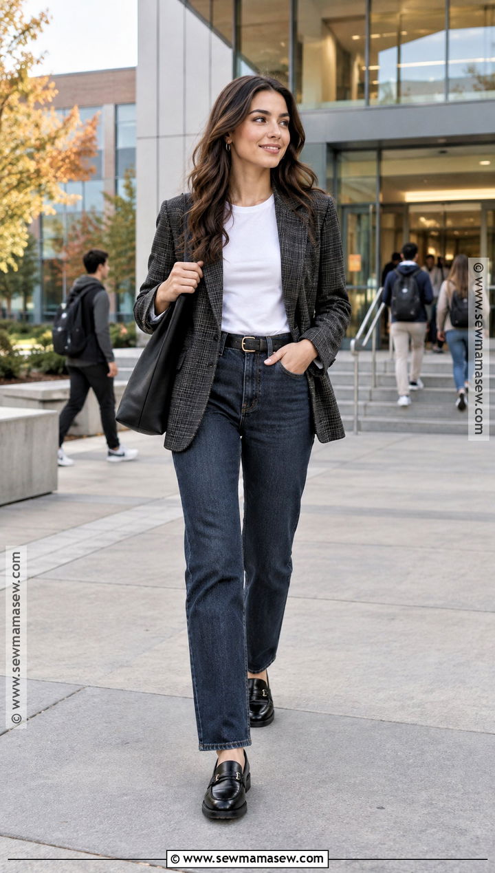 Dark Wash Jeans And Blazer Fall School Outfit - 15 back to school outfits fall