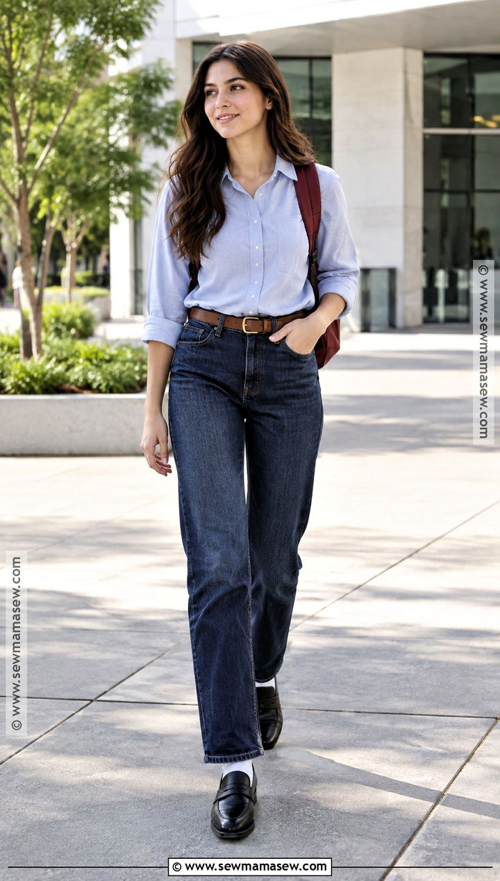 Dark Wash Jeans And Button Down Shirt Outfit - 15 jeans outfit back to school
