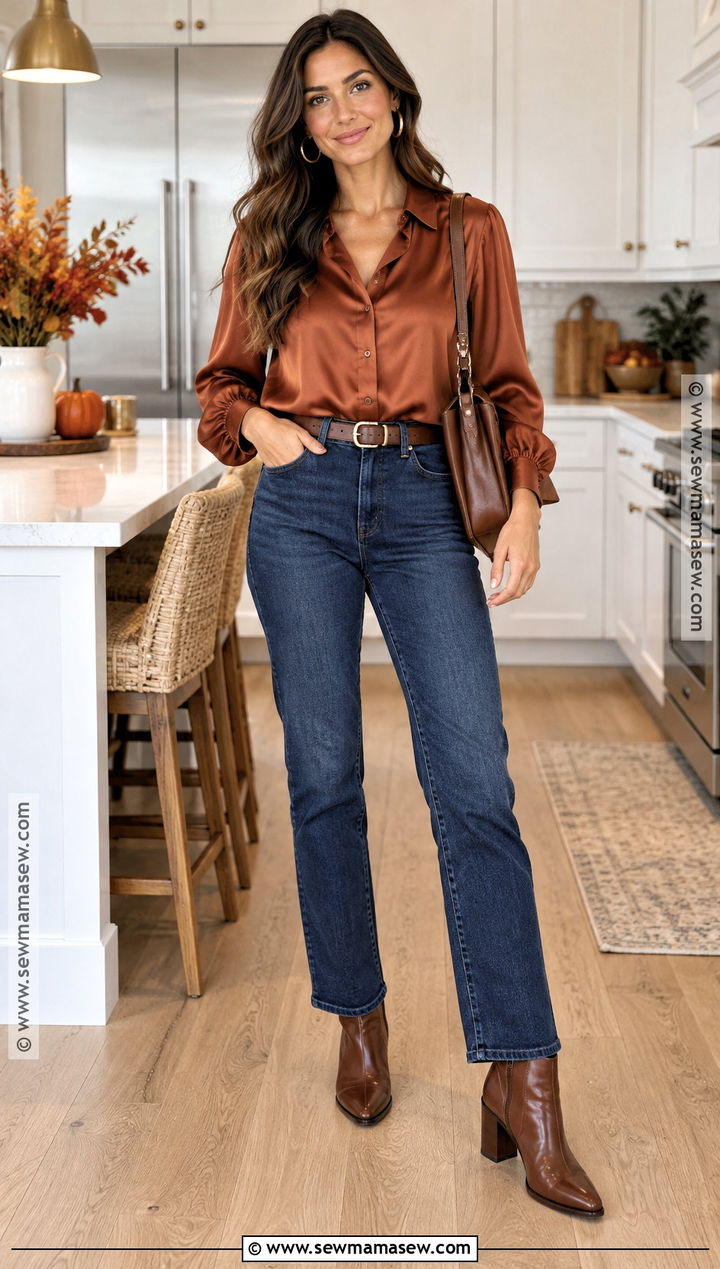Dark Wash Jeans And Satin Blouse Thanksgiving Outfit - 20 thanksgiving dinner outfit ideas for women