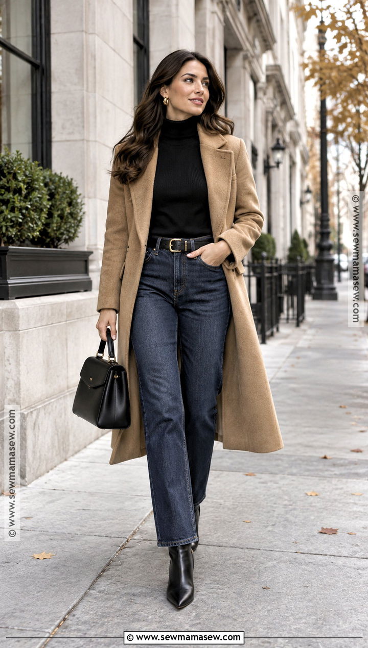 Dark Wash Jeans With Black Turtleneck And Camel Coat - 20 dark wash jeans outfit fall