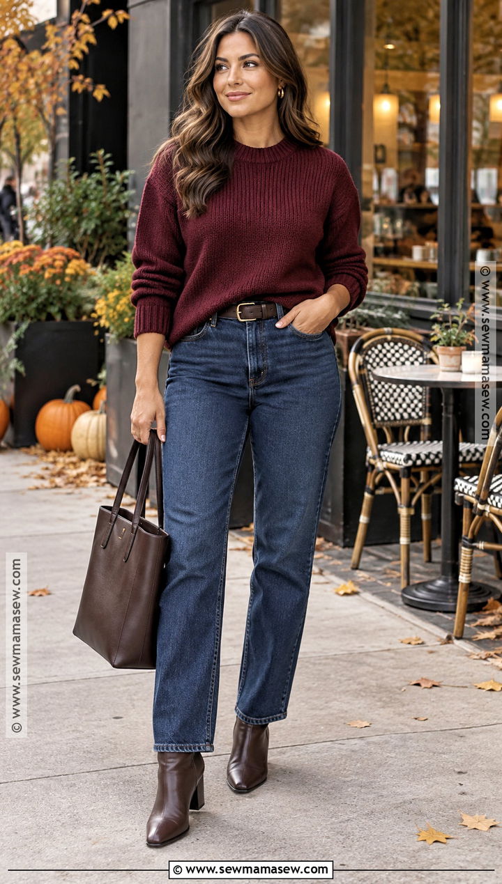 Dark Wash Jeans With Burgundy Sweater - 15 Fall Outfits 2026 Jeans