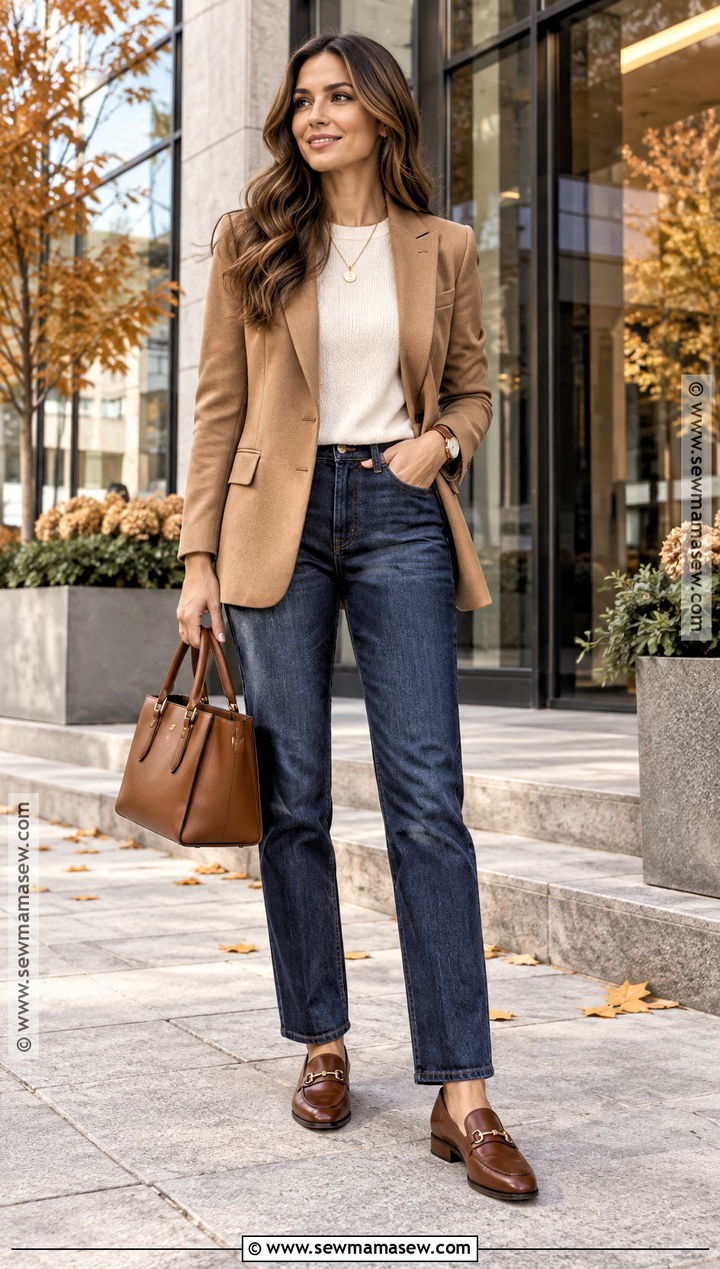 Dark Wash Jeans With Camel Blazer - 15 cute fall jeans outfits