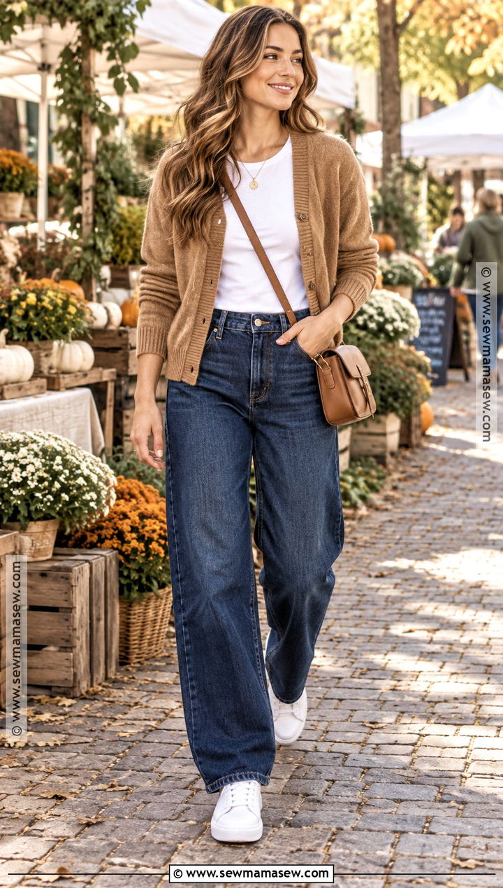 Dark Wash Jeans With Cardigan And White Sneakers - 20 dark wash jeans outfit fall