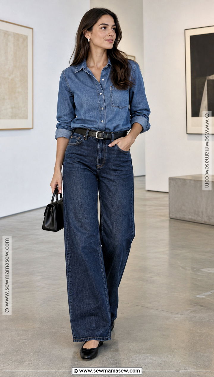 Dark Wash Jeans With Denim Shirt And Ballet Flats - 20 dark wash jeans outfit fall