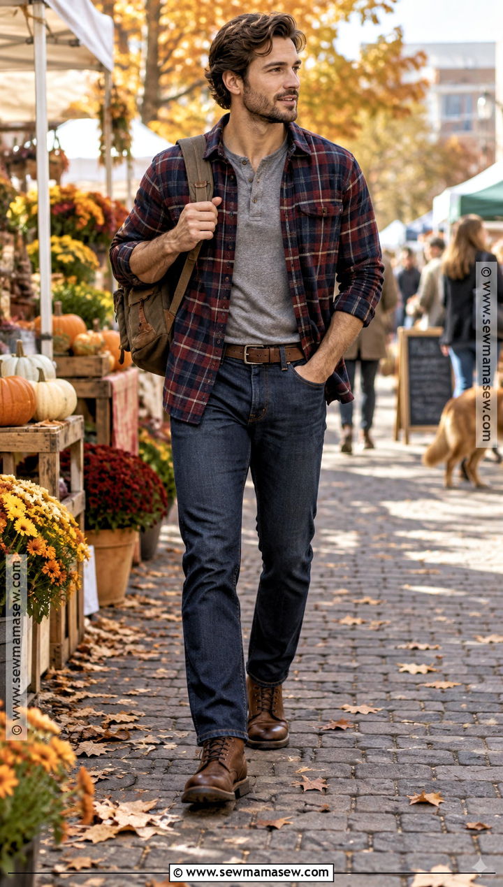 Dark Wash Jeans With Flannel Overshirt - 15 Autumn Pants for Men
