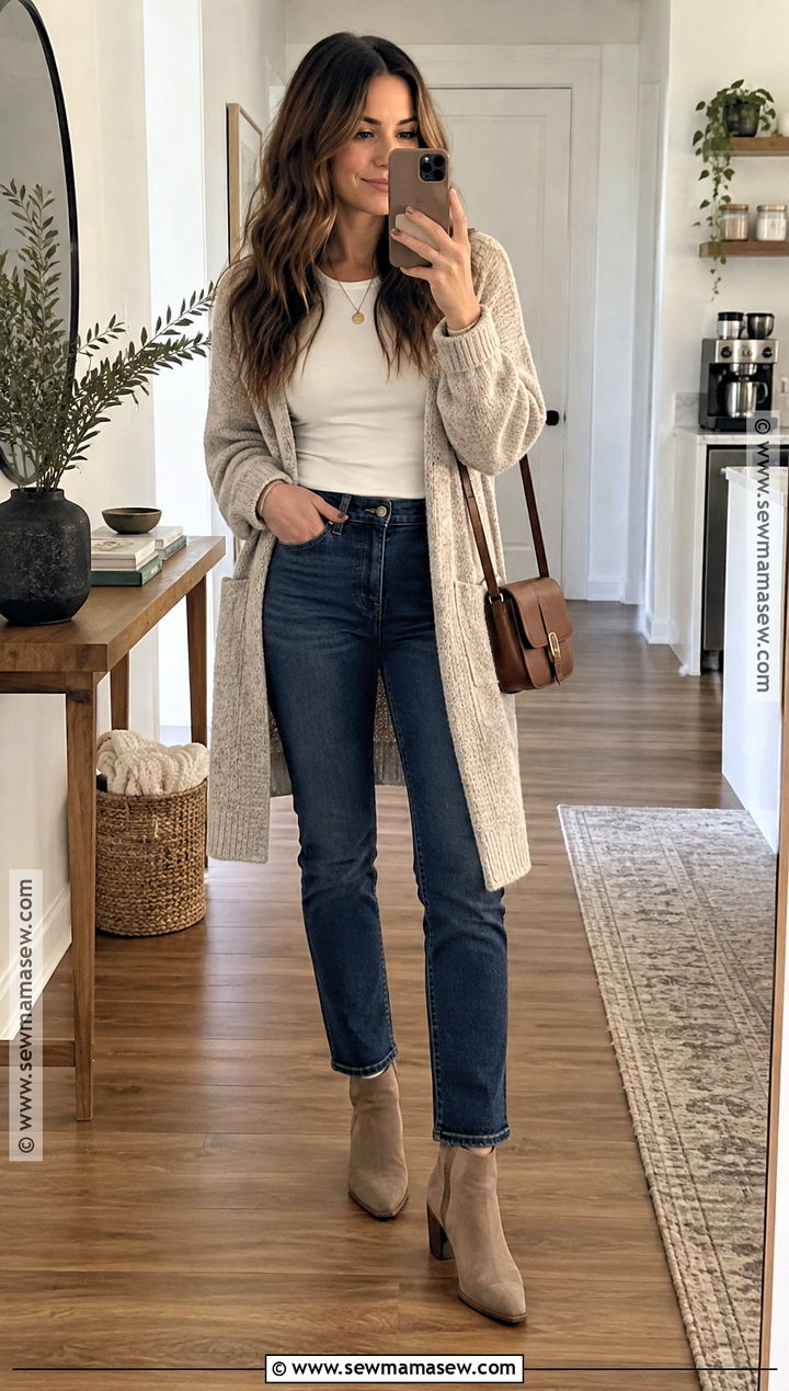 Dark Wash Jeans With Long Cardigan And Ankle Boots - 20 dark wash jeans outfit fall