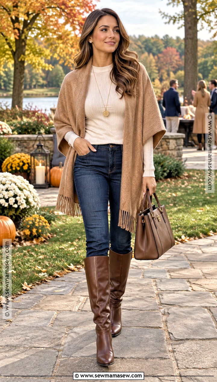 Dark Wash Jeans With Poncho And Knee High Boots - 20 dark wash jeans outfit fall