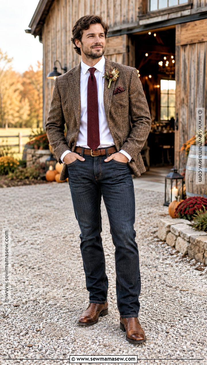 Dark Wash Jeans With Tweed Blazer - 15 fall wedding groom attire jeans