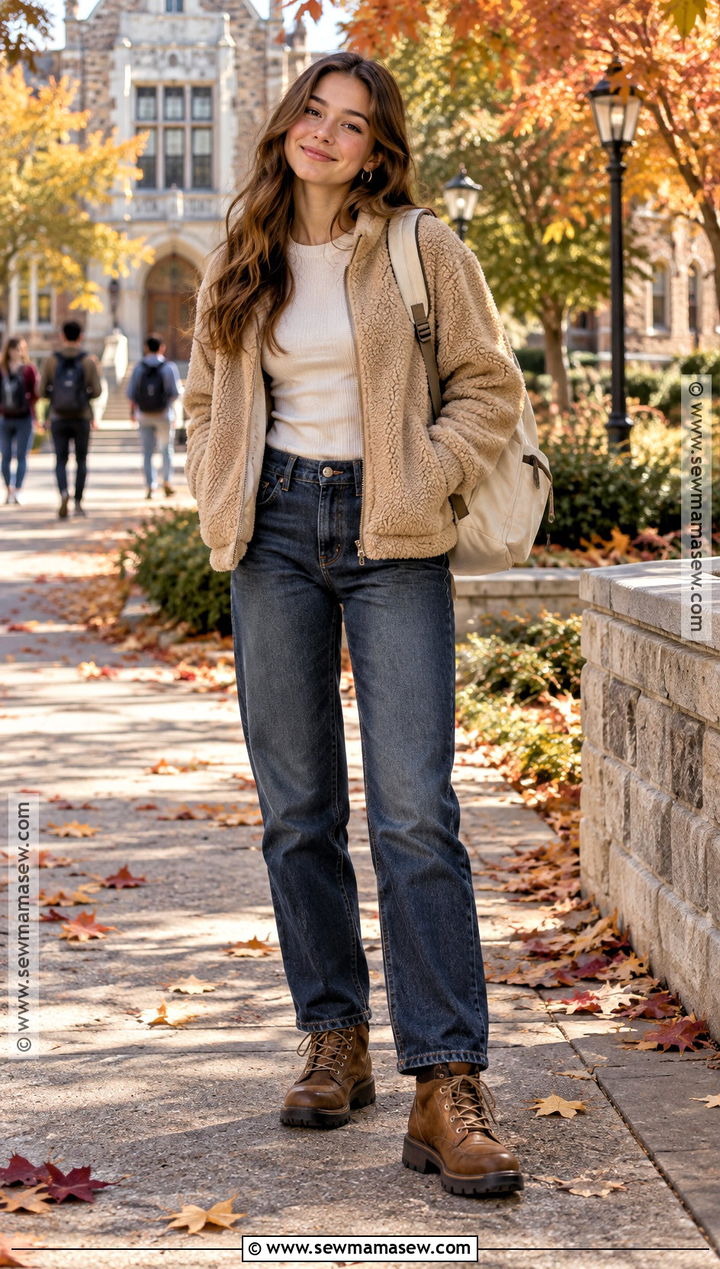 Dark Wash Jeans and Sherpa Jacket Fall School Outfit - 20 fall baddie outfits for school