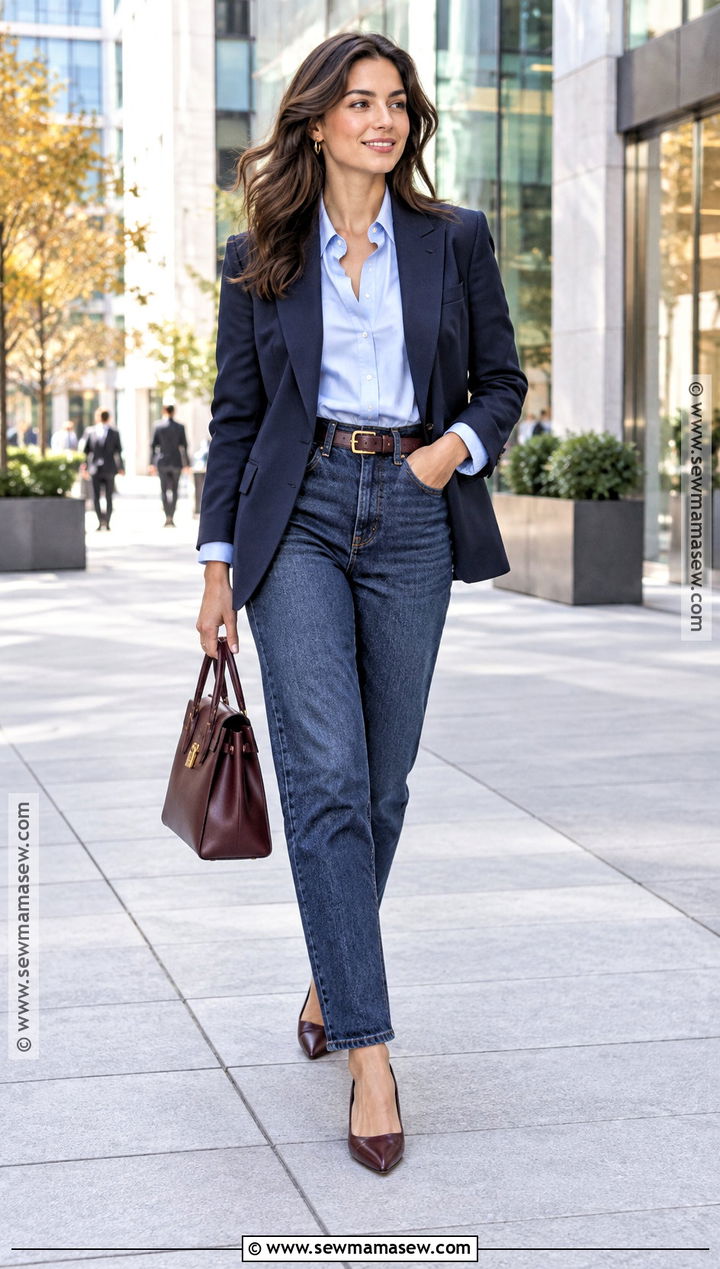 Dark Wash Mom Jeans With Navy Blazer And Flats - 20 Fall Mom Jeans Outfit