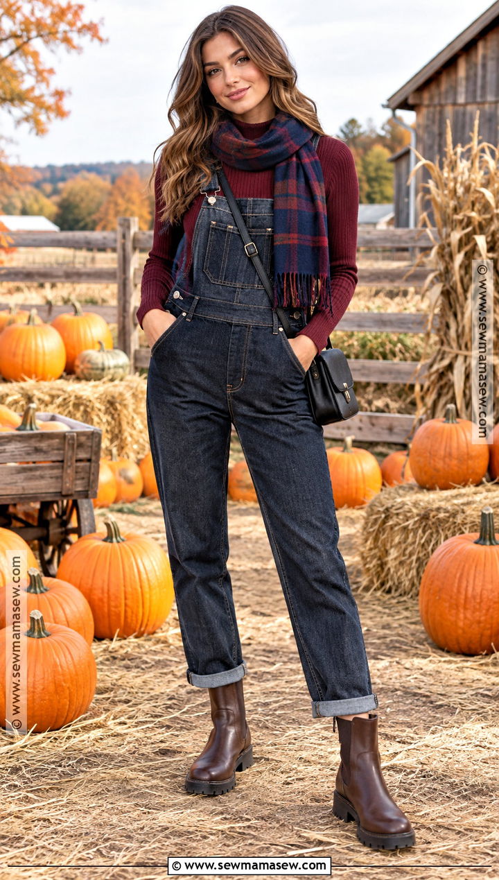 Dark Wash Overalls With Burgundy Top And Chelsea Boots - 20 Pumpkin Patch Outfit Overalls