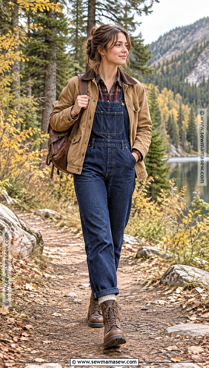 Dark Wash Overalls With Plaid Shirt and Work Boots - 20 styling overalls fall