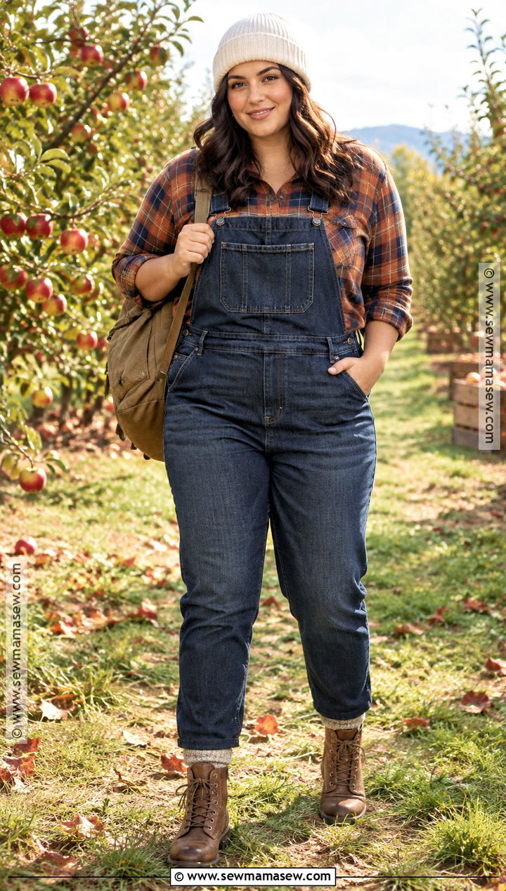 Dark Wash Overalls With Plaid Shirt and Work Boots - 15 Overalls Aesthetic Fall