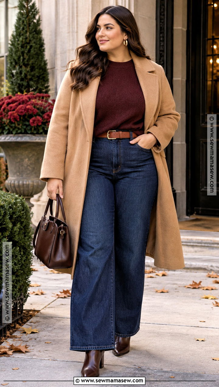 Dark Wash Wide Leg Jeans With Burgundy Sweater - 20 wide leg jeans fall outfit