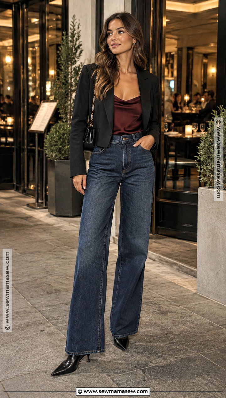 Dark Wash Wide Leg Jeans With Satin Camisole - 20 date night jeans outfit fall