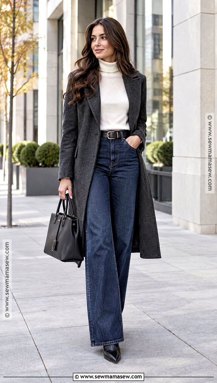 Dark Wash Wide Leg Jeans With Turtleneck And Ankle Boots - 20 fall outfit with jeans
