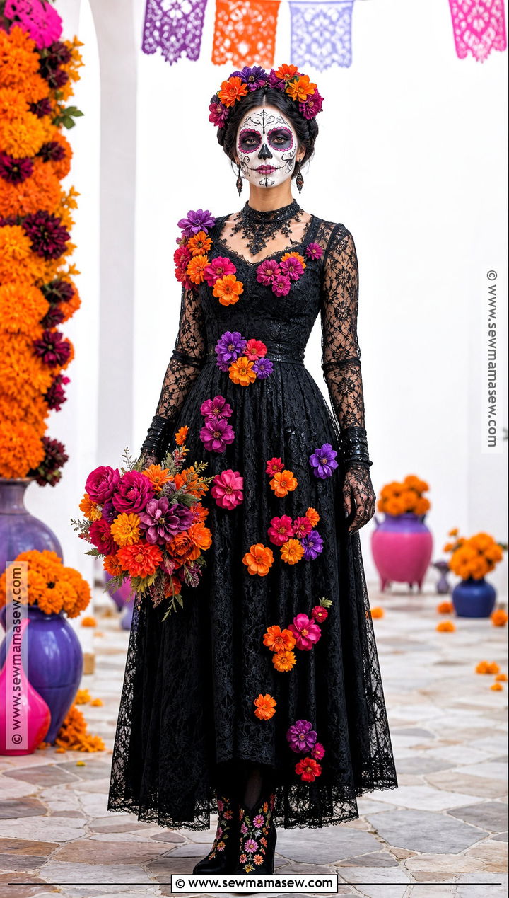 Day Of The Dead Inspired Floral Costume With Black Dress - 30 Black Dress Halloween Ideas