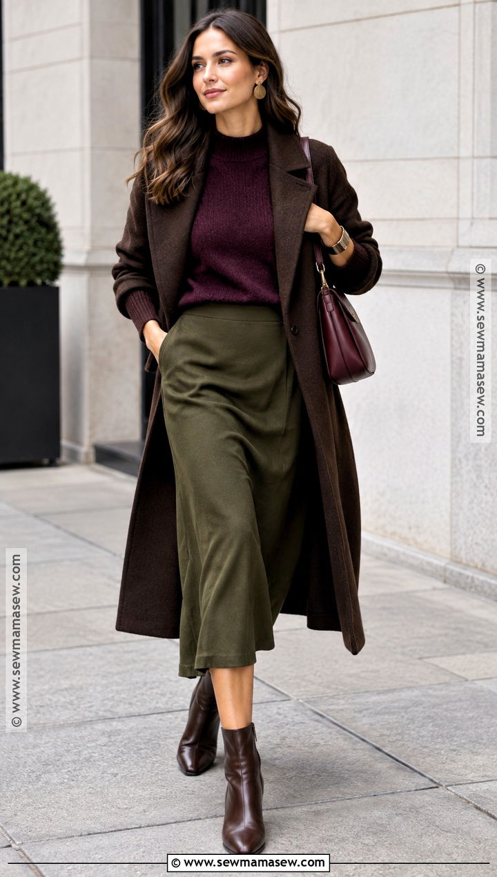 Deep Autumn Aubergine Sweater and Dark Olive Skirt Outfit - 15 autumn seasonal color analysis outfits