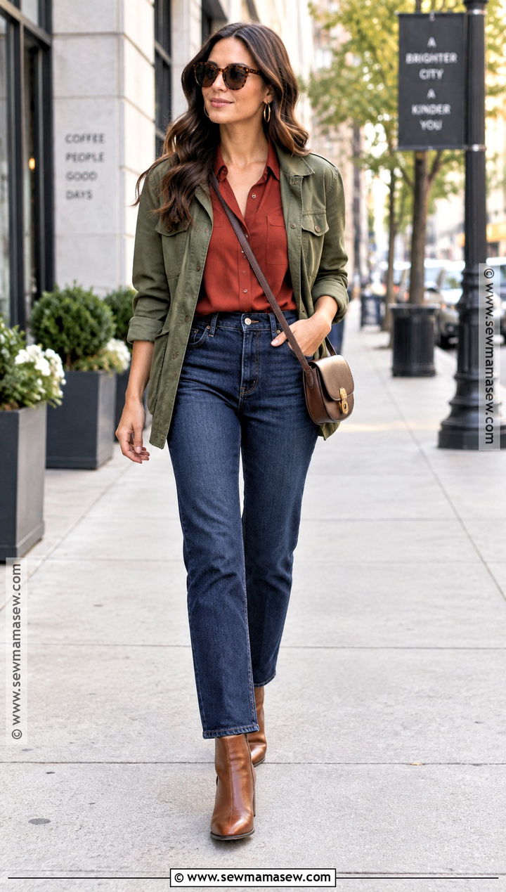 Deep Autumn Brick Red Blouse and Dark Denim Outfit - 25 deep autumn color palette outfits ideas