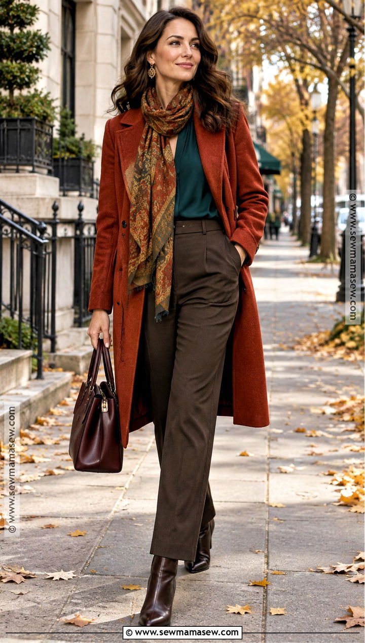 Deep Autumn Brick Red Coat and Dark Teal Outfit - 15 autumn seasonal color analysis outfits