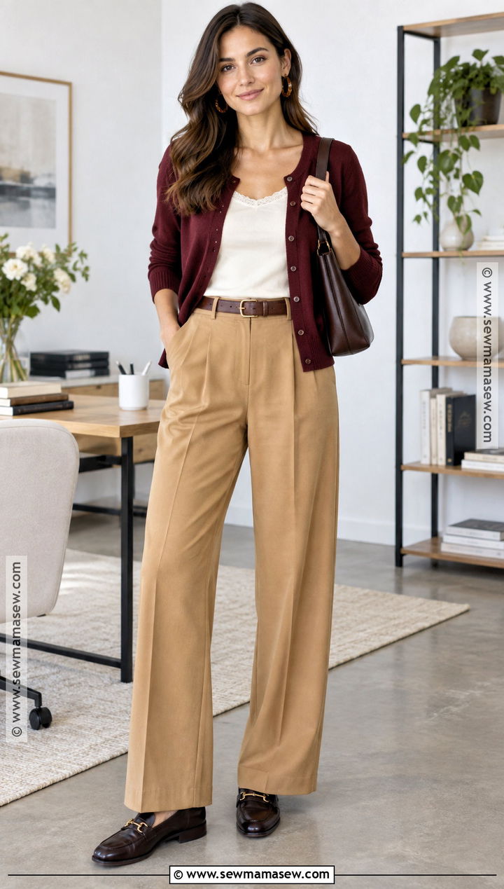 Deep Autumn Burgundy Cardigan And Camel Trousers Outfit - 30 deep autumn outfits