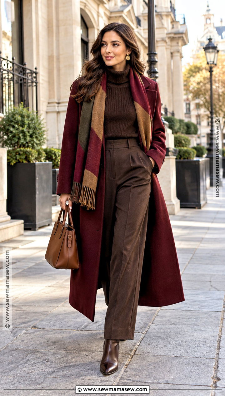 Deep Autumn Burgundy Coat And Chocolate Outfit - 25 deep autumn outfits ideas