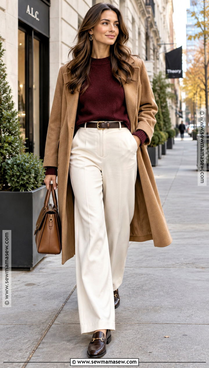Deep Autumn Burgundy Sweater and Warm Cream Trousers Outfit - 25 deep autumn color palette outfits ideas