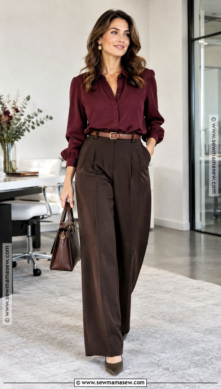 Deep Autumn Burgundy Trouser Outfit - 20 autumn color analysis outfits