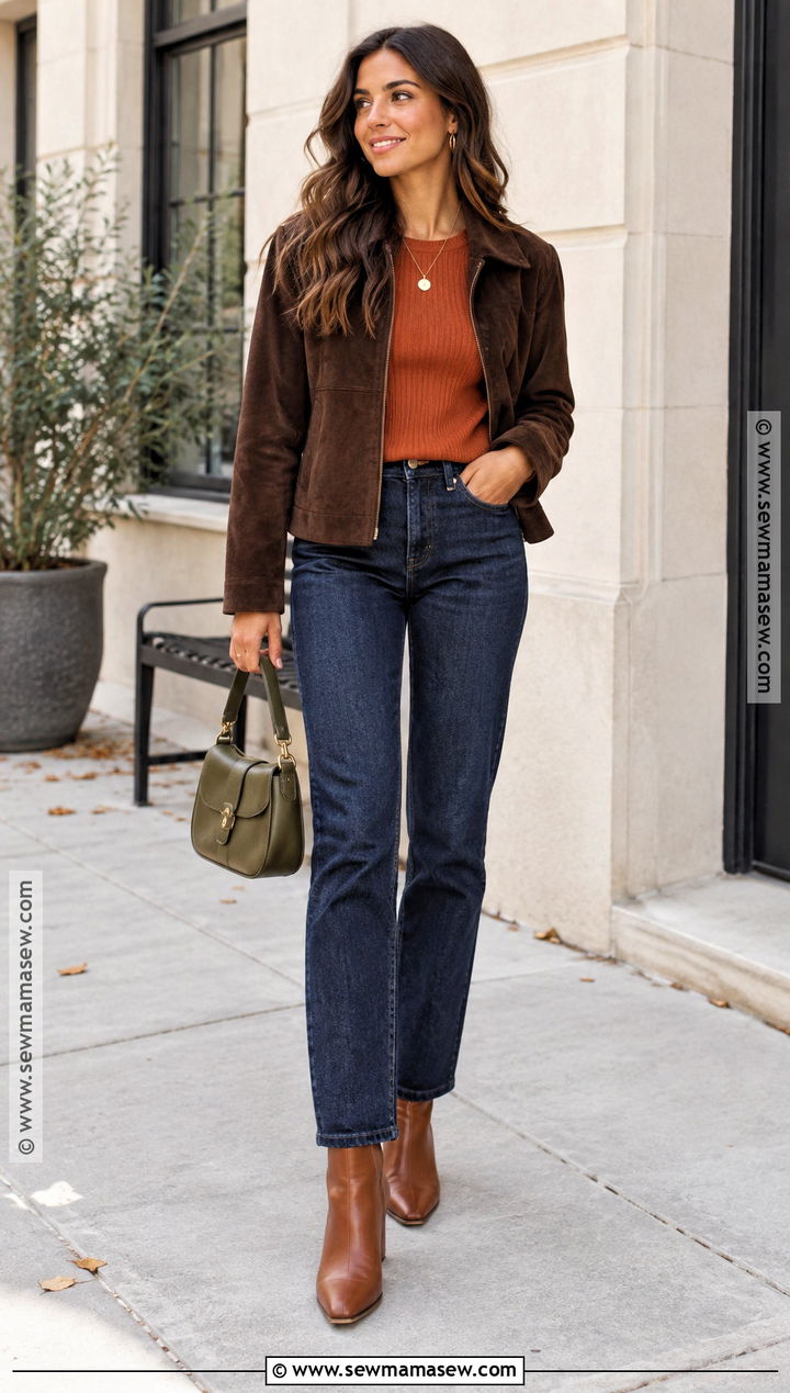 Deep Autumn Burnt Orange Top And Dark Jeans Outfit - 20 Deep Autumn Color Outfits