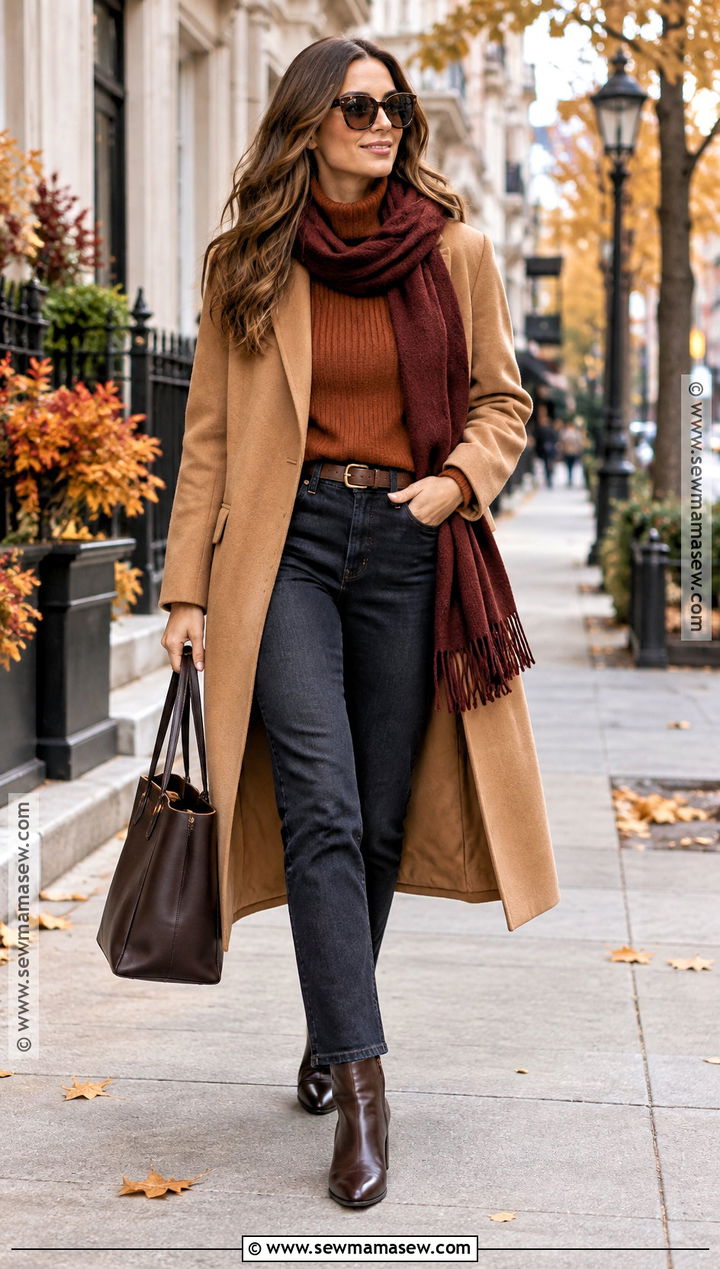 Deep Autumn Camel Coat And Dark Denim Outfit - 30 deep autumn outfits