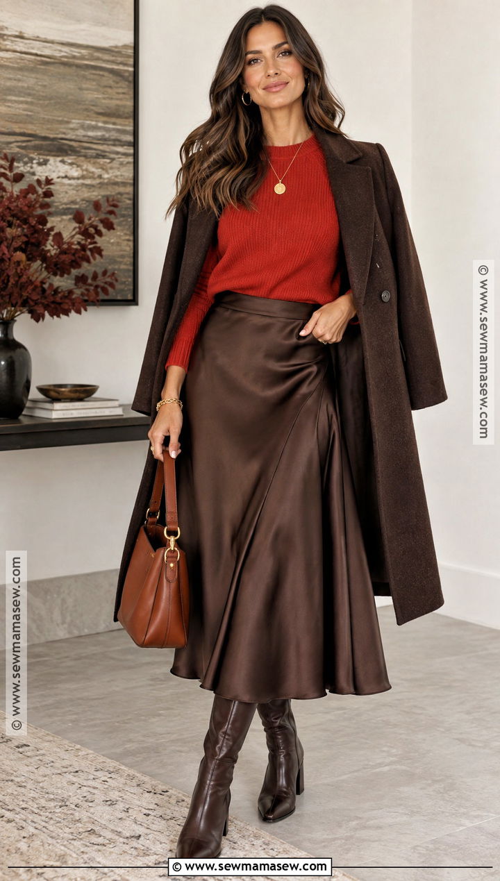 Deep Autumn Chocolate Skirt and Tomato Red Sweater Outfit - 25 deep autumn color palette outfits ideas